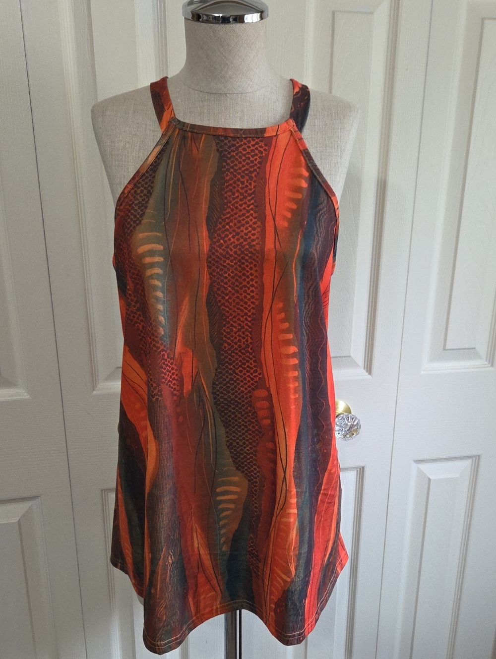 Sleeveless Red-Orange Patterned Halter Neck Top